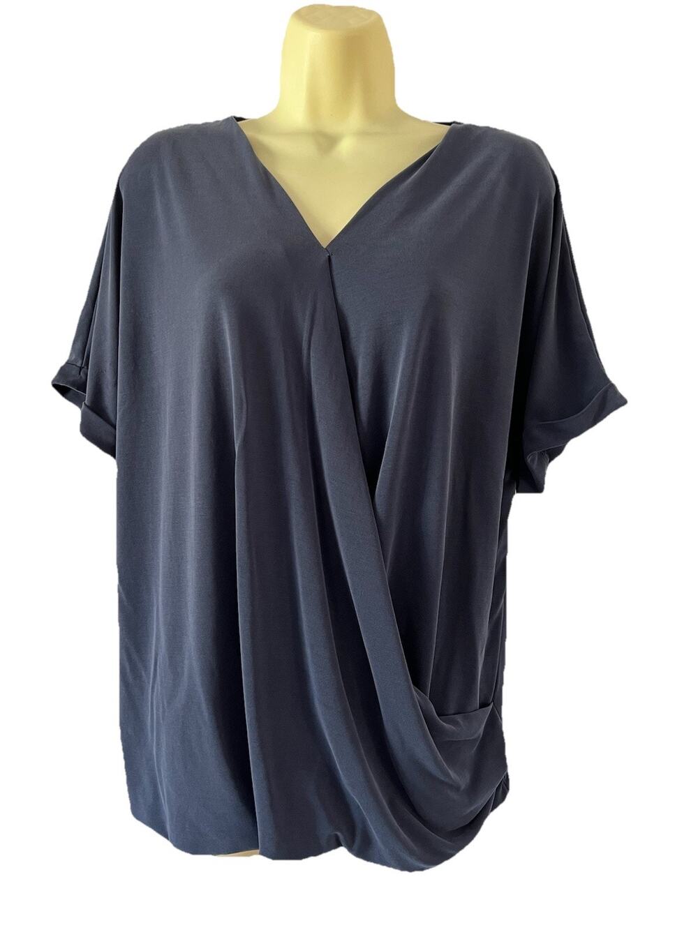 Chico's Top Shirt Women's Size 3 US 16 Blue Gray V neck Asymmetrical Knit